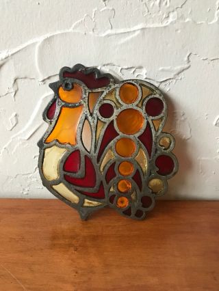 Vintage Mid Century Stained Glass Rooster Cast Iron Metal Trivet Hot Plate Pad