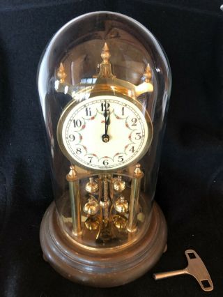 Kundo Brass 400 Day Anniversary Clock Germany Glass Dome 11 - 1/2 " Tall