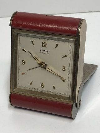 Red Leather And Brass Cyma Amic Folding Travel Alarm Clock Cyma Watch Co.  Swiss