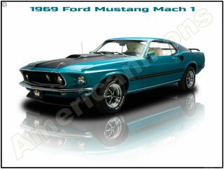 1969 Ford Mustang Mach I In Blue Metal Sign: Pristine Restoration