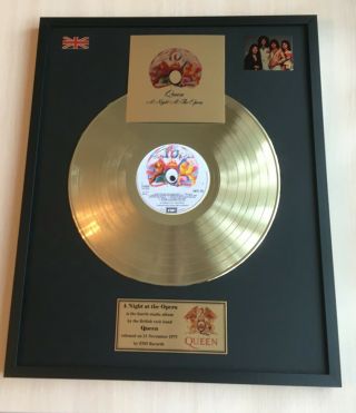 Queen A Night At The Opera 1975 Vinyl Gold Metallized Record Mounted In Frame