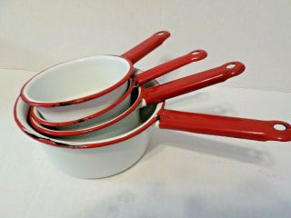 Set 4 Vintage Red White Enamel Sauce Pots Pans