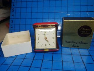 Vtg Phinney - Walker German Red Case Travel Alarm Clock W/ Box