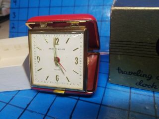 Vtg Phinney - Walker German Red Case Travel Alarm Clock w/ Box 2
