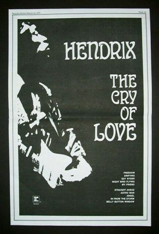 Jimi Hendrix The Cry Of Love 1971 Poster Type Ad,  Cool Orig.  Album Review Bonus