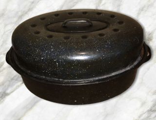 Black Speckled Enamel Oval Roasting Pan With Lid & Rack 16”x12” A19