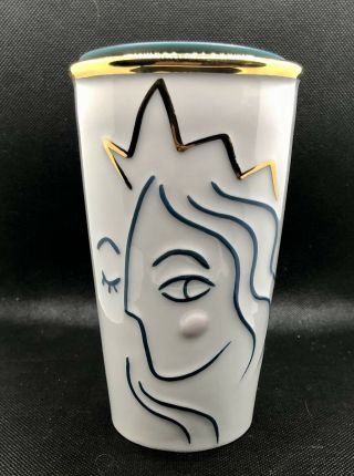 Starbucks Siren Ceramic Tumbler Traveler Mug 10oz Teal W/gold Trim Green Lid