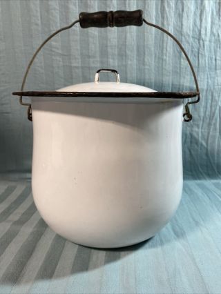 Vintage White Enamelware Chamber Pot Diaper Pail Bucket With Black Trim,  Handle