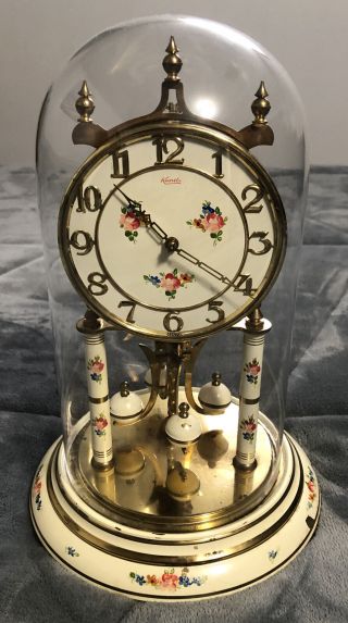 Vintage Key - Turn Kundo Anniversary Clock Glass Dome Floral West Germany