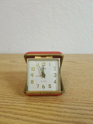 Vintage Bradley Wind - Up Folding Travel Alarm Clock Red Case Made In Japan