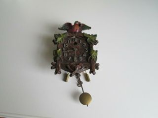 Vintage Lux Clock Miniature Cuckoo Clock Painted Leaves & Bird
