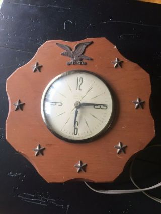 Vintage Greta Lippe Wooden Wall Clock Eagle & Stars.  American Maid
