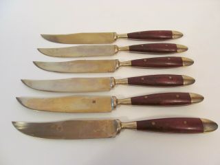 Vintage Set Of 6 Brass And Wood Serrated Steak Knives 8 " Total Length 4 " Blade