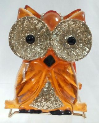 Vintage OWL Napkin Holder acrylic orange gold glitter sparkly 4 