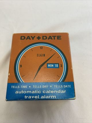 Vintage Elgin Day,  Date Automatic Calendar Travel Alarm Clock Red Box