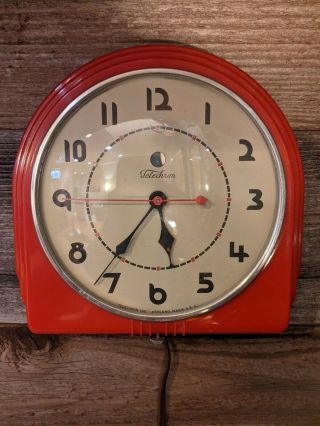 Vintage 1950 ' s Telechron Electric Wall Clock Art - Deco Red - 2
