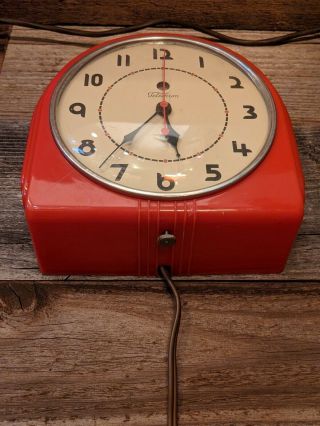 Vintage 1950 ' s Telechron Electric Wall Clock Art - Deco Red - 3
