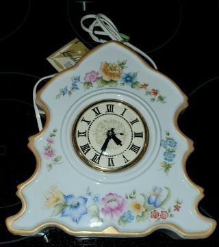 Vintage Lanshire Mantle Shelf Clock Hand Painted Porcelain Pink/blue Flowers