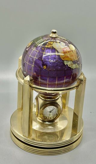 Brass & Semi Precious Mop Lapis Agate Rotating World Globe Clock Barometer