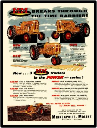 Minneapolis Moline Farm Equipment Metal Sign Models 335/445 Tractor Featured