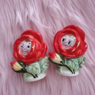 Vintage Py Anthropomorphic Flowers.  Rose Salt And Pepper Shakers