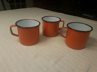 Vintage El Patio Porcelain Enamelware Set Of 3 Mugs Orange