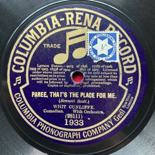 Music Hall: Whit Cunliffe - ‘paree,  That’s The Place For Me’ 1912 Columbia Ee,