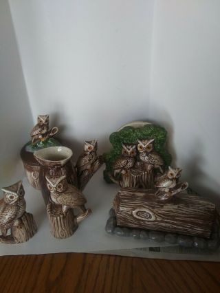 Ceramic Owl Set Includes Butterdish,  Napkin Holder,  Creamer And Sugar,  Salt And