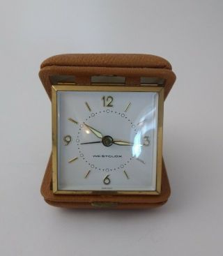 Vintage Wextclox Travel Alarm Clock Made In Germany Brown Leather Case Pre - Owned