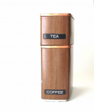 Vintage Metal Coffee and Tea Canister Set Faux Woodgrain & Copper Dymo Label GSW 3