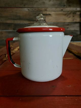 Red And White Enamel Ware Coffee Pot Antique With Org Strainer Glass