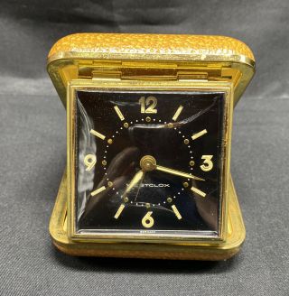 Vintage Travel Alarm Clock Westclox Germany Brown Leather Case Black Clock Face