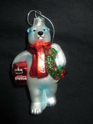 Coca - Cola Kurt S.  Adler Handcrafted Glass Polar Bear Christmas Holiday Ornament