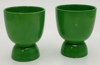 Double Egg Cups Ceramic Footed Signed Made In Japan Avocado Green 3 " Tall Vtg
