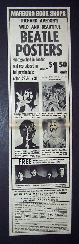 Beatles Richard Avedon Posters Order Sheet 1968 Vintage Ad,  Promo Advert