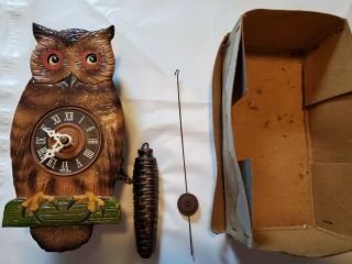 Vintage Wilhelm V Maier Carved Wood Owl Clock With Moving Eyes W.  Germany