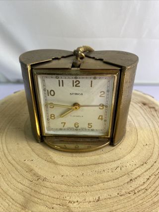 Vintage 1960s German Semca,  Swiss 7 Jewels Travel Alarm Clock W/ Collapsing Case