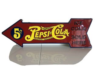 Drink Pepsi=cola Ice Cold Here 5 Cent Advertising Metal Tin Sign 8.  75” X 27