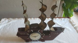 Vintage United Clock Corp Yankee Clipper Wood Boat Metal Sails Nautical Boating