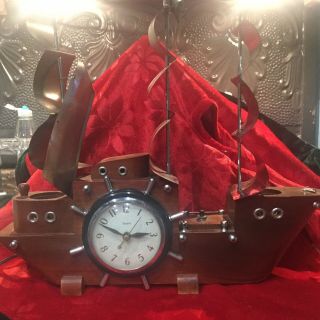 Vintage United Cherry Wood Mantle Ship Clock Model 811.  Lights And Clock Work