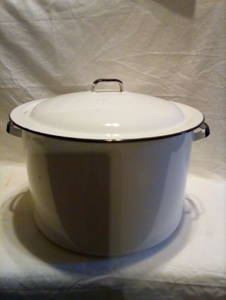 Vintage Large Enamel Pot With Black Trim And Lid