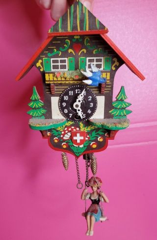 Vintage Colorful Small Mini Swiss Cuckoo Clock German Woman On Swing No Key