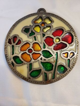 Vintage Trivet Metal And Stained Glass Floral Flowers Retro Mid - Century Fs