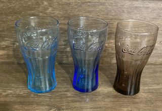 Vintage Coca - Cola Set Of 3 Colored Glasses - Promos For Mcdonalds 16 Oz.