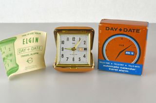 Vintage Elgin Day & Date Analog Clamshell Travel Alarm Clock Brass Style No 8944