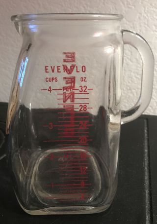 Vintage Evenflo Glass Measuring Pitcher 1 Quart W/glossy Red Lettering,