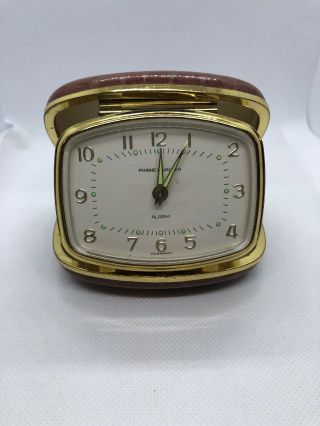 Vintage Phinney - Walker Wind - Up Travel Alarm Clock Brown Leather Case