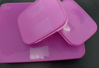 Tupperware Set Of 3 Freezer Mate Containers Purple Lids - 5 1/2 & (2) 1 1/4 Cups