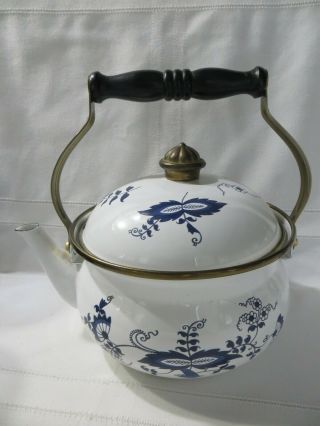 Vintage Blue Danube Porcelain Enamel Tea Pot / Kettle W/ Wood Handle Blue Onion