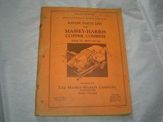 Massey Harris Serial No.  44001 And Up Clipper Combine Parts List